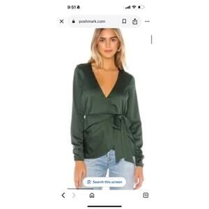 NWT House of Harlow x Revolve Dark Green Satin Wrap Top with Long Sleeves sz S